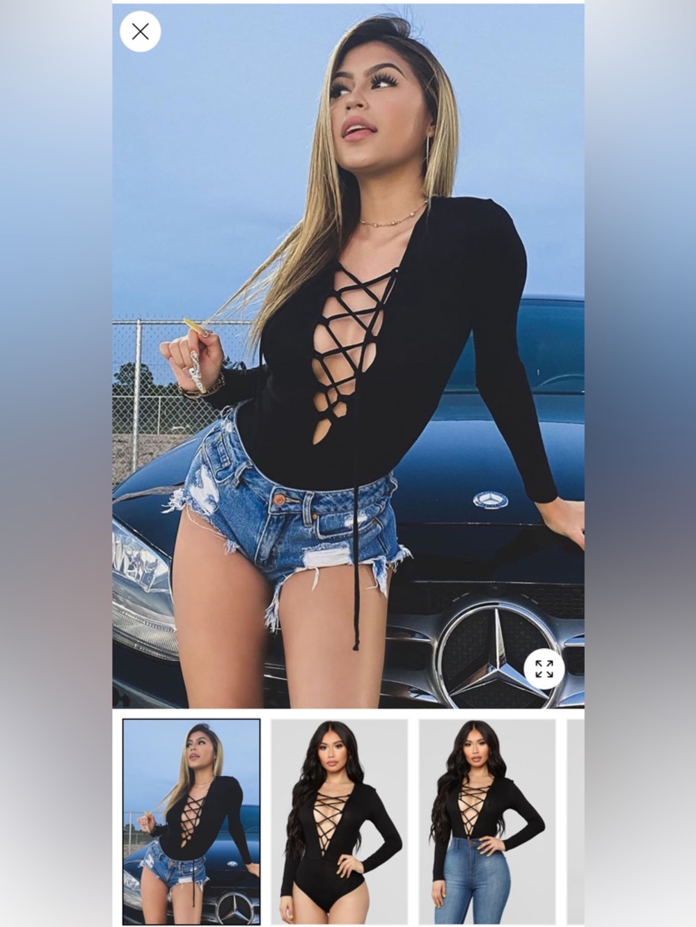 Lace-Up Deep V Black Long-Sleeve Bodysuit